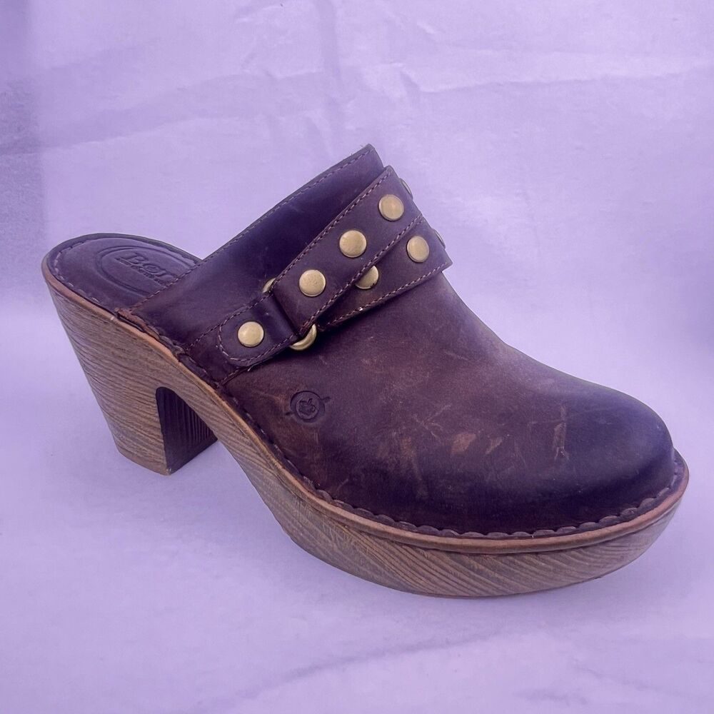 Born Brown Leather Platform Mules Chunky High Heel Clogs Studded Buckle Size 11 - Picture 5 of 16